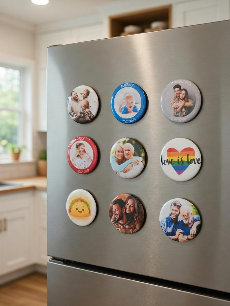 May include: A collection of nine circular magnets arranged in a grid on a stainless steel refrigerator. The magnets feature various designs including personal photographs of people, a cartoon taco, and a rainbow heart with the text love is love.