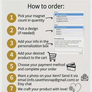 May include: An instructional graphic titled How to order with seven numbered gold circles. It outlines steps for purchasing magnets, including selecting quantity, design, and personalisation details, plus payment, photo submission via email, and production.
