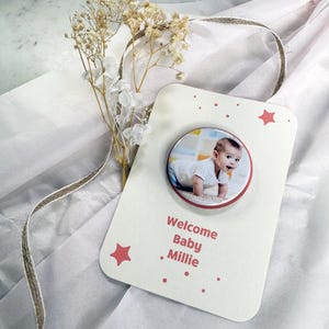 Tarjeta de nacimiento individual con imán de foto – Tarjeta personalizada e imán para los primeros recuerdos del nacimiento