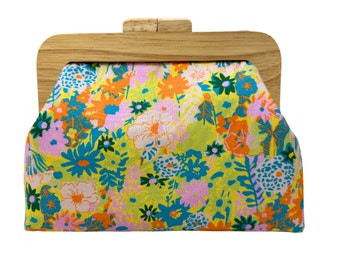 Wooden frame clutch, clutch purse,Australian, floral, flowers, orange,lime,pink