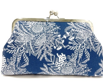 clutch purse - Australian-  flowers - native flowers - blue - vintage look  -8 inch metal frame clutch purse - large purse - kisslock