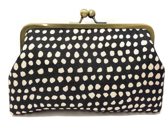 clutch purse - spots - dots - black and white -  linen - 8 inch metal frame clutch purse - large purse - kisslock - coin purse - clutch bag