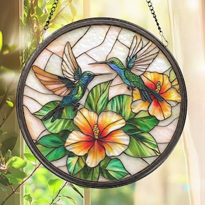 Hummingbird and Hibiscus Glass Suncatcher: Tropical Window Decor