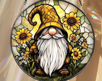 Sunflower Gnome Stained Glass Suncatcher: Rustic Garden Decor