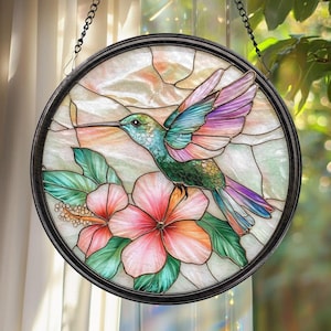 Hummingbird & Hibiscus Glass Suncatcher: Floral Window Hanging