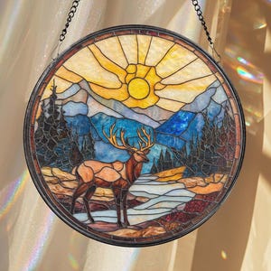 Deer Stained Glass Suncatcher: Mountain Sunset Cabin Decor