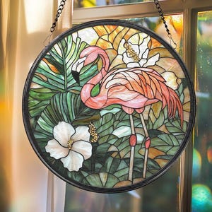 Stained Glass Flamingo Suncatcher, Handmade Bird Window Hanging, Tropical Glass Decor for Flamingo Lovers, Housewarming or Birthday Gift