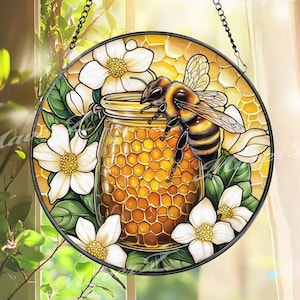 Bee and Honey Jar Stained Glass Suncatcher, Floral Honeycomb Window Decor, Nature-Inspired Gift for Gardeners and Bee Lovers