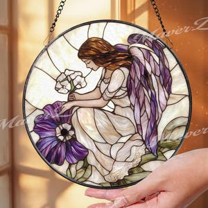 Purple Angel Stained Glass Suncatcher, Guardian Angel Window Hanging, Memorial Glass Panel, Sympathy Gift, Heavenly Home Decor