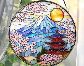 Mount Fuji Suncatcher: Japanese Pagoda, Sakura Blossom Window Art