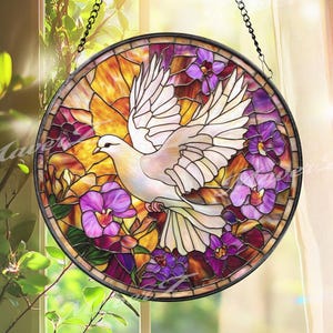 White Dove Stained Glass Suncatcher, Peace Bird Window Hanging, Floral Violet Panel, Serenity Home Decor, Spiritual Sun Catcher Gift