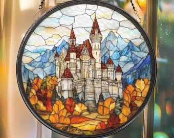 Neuschwanstein Castle Stained Glass Suncatcher: Fairytale German Landmark