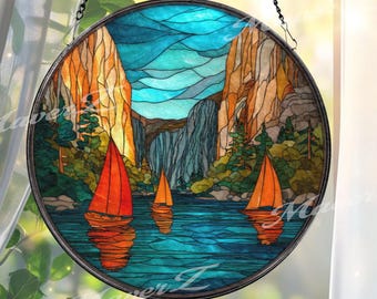 海景ステンドグラス、夕暮れの海の波、波間を航行する帆船 - Etsy 日本