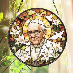 Catholic Pope Francis Glass Panel, Christian Stained Glass Suncatcher, Religious Gift for Home, Chapel, or Prayer Room Decor