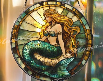 Mermaid Princess Stained Glass Suncatcher, Golden Hair Ocean Beauty, Sea Fantasy Window Hanging, Coastal Decor, Magical Gift