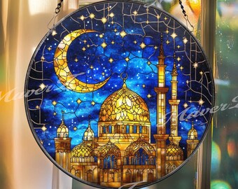 Mosque Stained Glass Suncatcher: Crescent Moon Islamic Decor