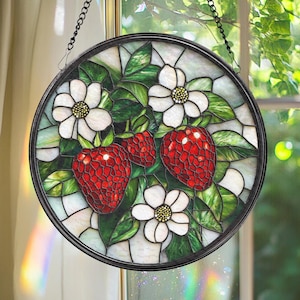 Strawberry Branch Glass Suncatcher, Floral Window Ornament, Housewarming Gift, Berry Lover Decor, Farmhouse Kitchen Wall Charm