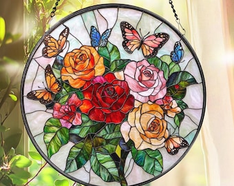 Handmade Butterfly & Rose Stained Glass Suncatcher: Floral Window Art