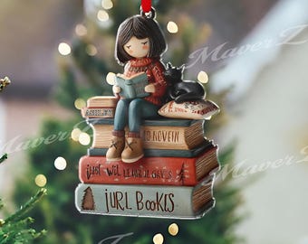 Personalized Just A Girl Who Loves Books Ornament, Custom 2D Christmas Decoration with Cat, Cute Gift for Readers and Book Lovers