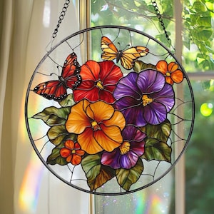 Butterfly & Rose Stained Glass Suncatcher: Floral Window Art