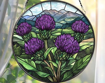 Scottish Thistle Stained Glass Suncatcher, Highland Floral Window Hanging, Purple Flower Round Panel, Nature Gift for Garden & Celtic Lovers