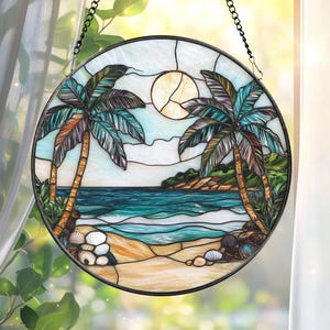 Tropical Palm Tree Stained Glass Suncatcher, Beach Sunset Window Hanging, Ocean Decor, Coastal Gift, Summer Vibes, Beach Lover Art