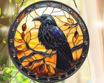 Black Raven Stained Glass Suncatcher: Gothic Crow Window Decor