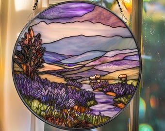 Stained Glass Mountain Suncatcher: Sunset Landscape Window Art