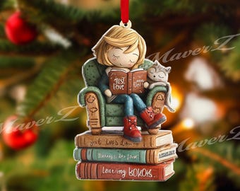 Personalized Just A Girl Who Loves Books Ornament, Custom 2D Christmas Decoration with Cat, Cute Gift for Readers and Book Lovers