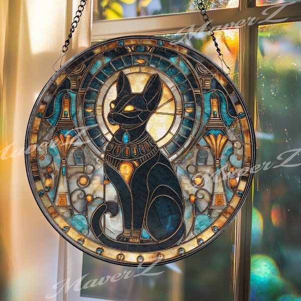 Vitral Gato Egípcio para Janela – Arte Bastet, Decoração Felina Mística, Presente com Símbolo Antigo, Detalhe Dourado e Azul para Casa, Design Sagrado