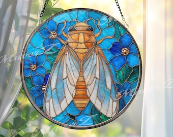 Cicada Stained Glass Suncatcher – Blue Floral Insect Art, Nature Window Decor, Garden Lover Gift, Unique Handmade Glass Hanging