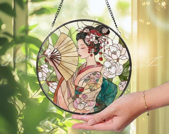 Geisha Suncatcher: Japanese Woman with Fan, Cherry Blossoms Art Panel