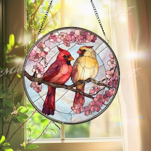 Cardinal Couple Stained Glass Suncatcher, Cherry Blossom Bird Round Window Panel, Romantic Nature Decor for Bird and Garden Lovers