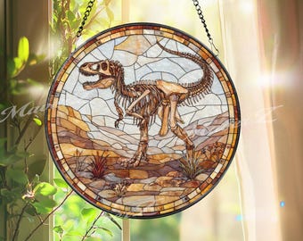 T-Rex Skeleton Stained Glass Suncatcher, Dinosaur Window Hanging, Prehistoric Fossil Art, Round Science Decor Gift