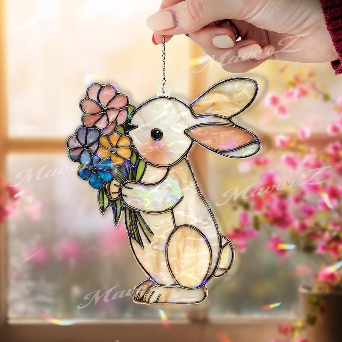 Bunny Acrylic Suncatcher, Cute Rabbit Window Hanging With Flowers ...