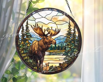 Moose Stained Glass Suncatcher, Wildlife Forest Window Hanging Art, Round Nature Scene Panel with Lake and Pines, Rustic Cabin Gift Decor