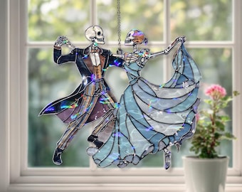 Dancing Skeleton Couple Acrylic Suncatcher, Stained Glass Style Ballroom Dancers Window Hanging, Gothic Halloween Home Decor Gift