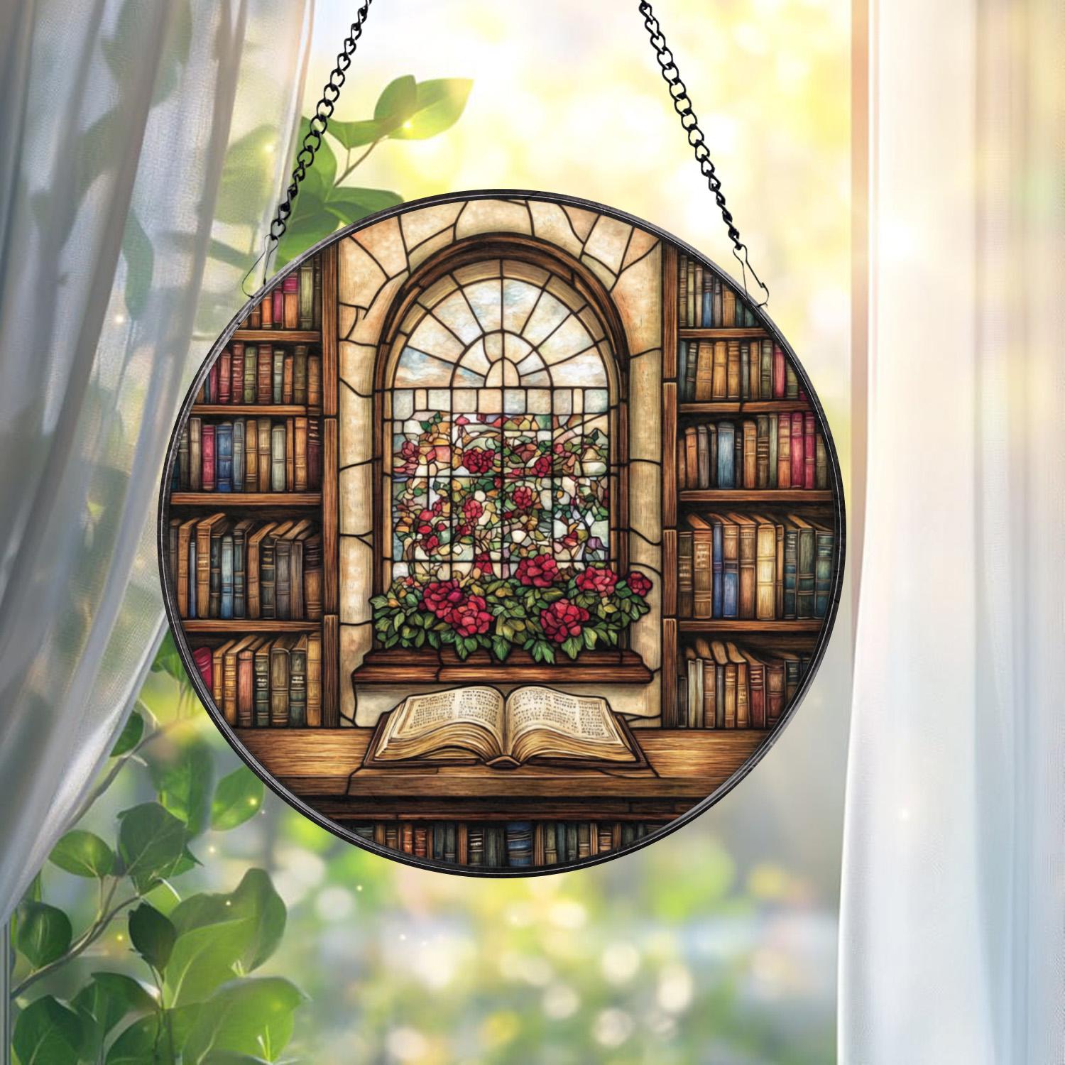 Library Window Bookshelf Suncatcher, Vintage Stained Glass Panel With ...