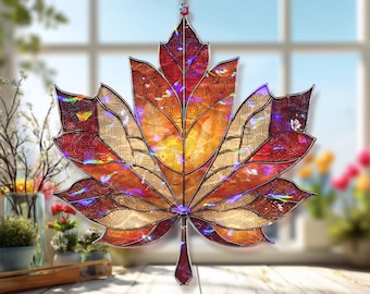 Attrape-soleil acrylique feuille d'érable, panneau suspendu pour fenêtre automne style vitrail, cadeau de décoration intérieure inspiré de la nature saisonnière