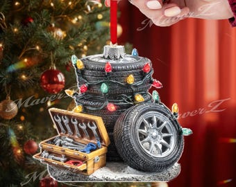 Tire Stack Christmas Ornament, 2D Mechanic Holiday Decor, Auto Repair Tree Ornament with Tools and Lights, Car Lover Christmas Gift