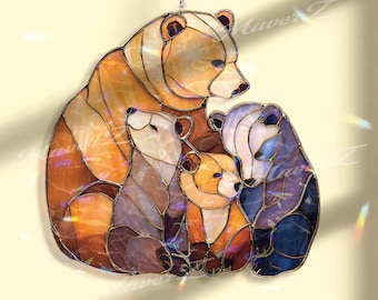 Bear Family Acrylic Suncatcher, Mama Bear and Cubs Stained Glass Window Decor, Cozy Wildlife Gift, Nature Animal Home Ornament