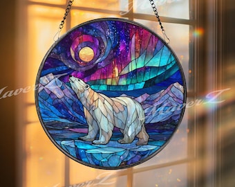 Polar Bear Stained Glass Suncatcher, Round Aurora Borealis Northern Lights Window Panel, Arctic Wildlife Glass Art Nature Home Decor Gift