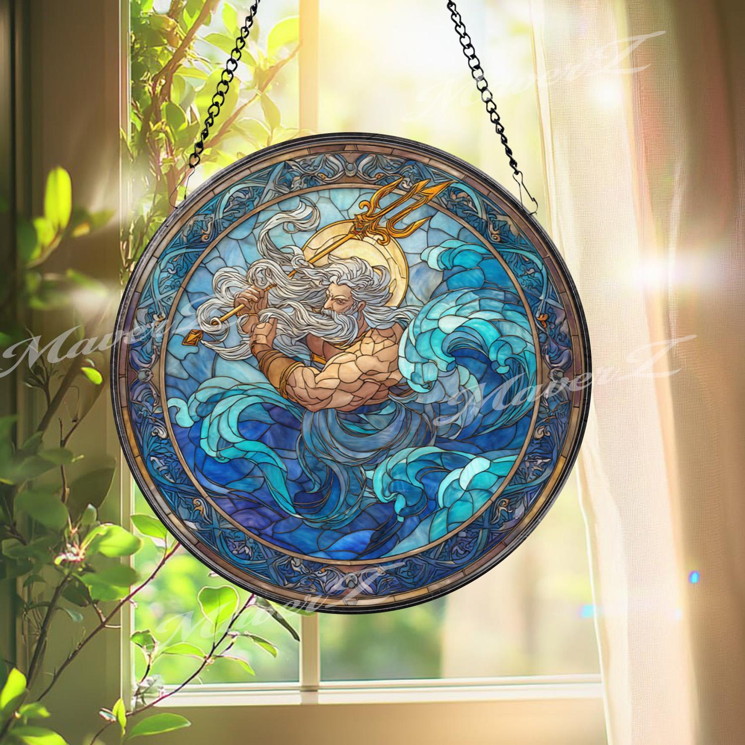 Poseidon Stained Glass Suncatcher, Round Greek God of Sea Window