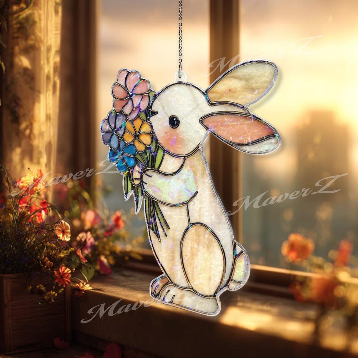 Bunny Acrylic Suncatcher, Cute Rabbit Window Hanging With Flowers ...