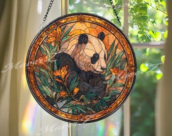 Panda Bears, Blossoms & Pagoda Leaded Stained Glass Window Panel