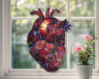 Anatomical Heart Acrylic Suncatcher, Red Stained Glass Style Organ
