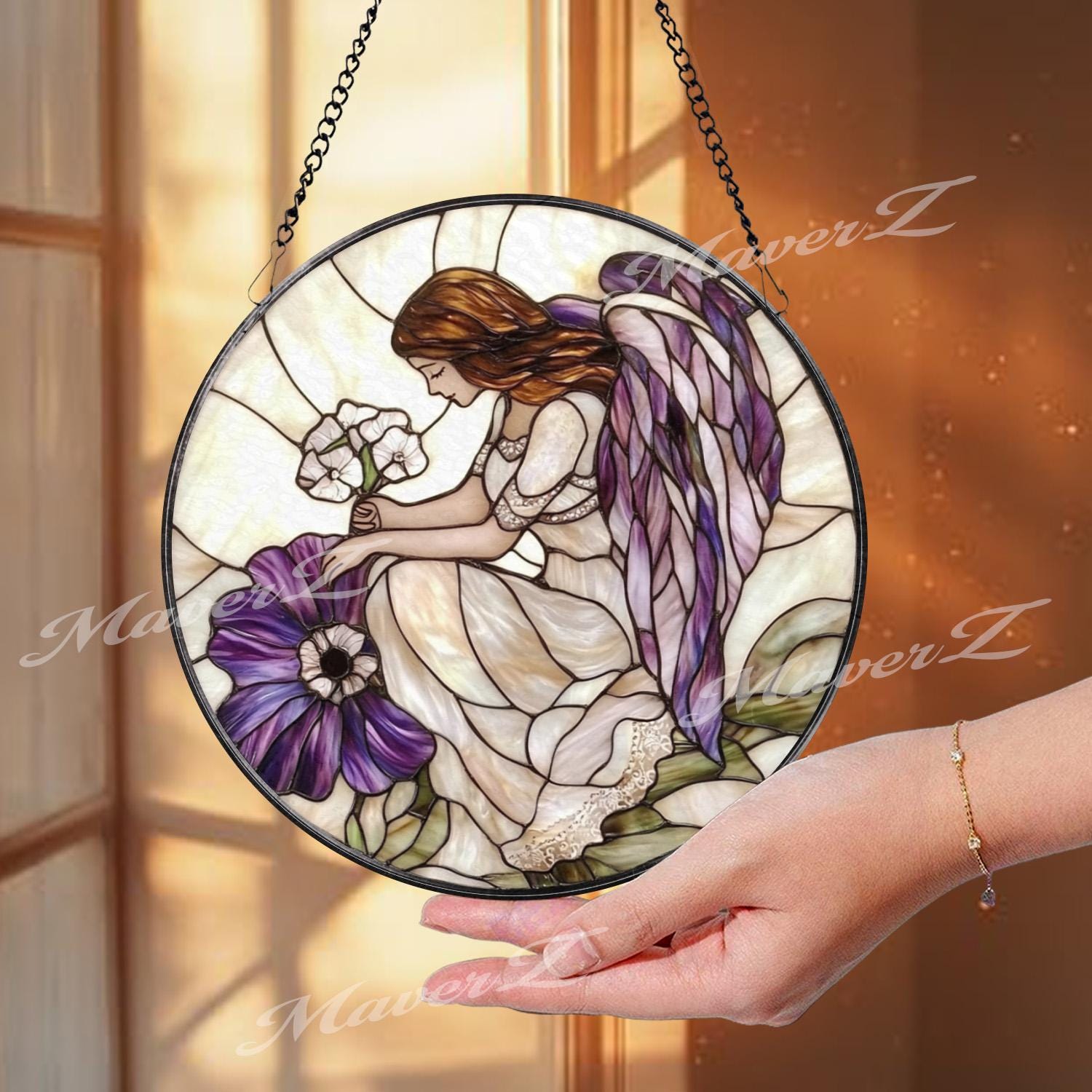 Purple Angel Stained Glass Suncatcher, Guardian Angel Window Hanging, Memorial Glass Panel, Sympathy Gift, Heavenly Home Decor