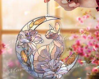 Personalized Sphynx Cat Acrylic Suncatcher, Crescent Moon Lily Window Hanging, Floral Cat Memorial Gift, Pet Loss Ornament Decor