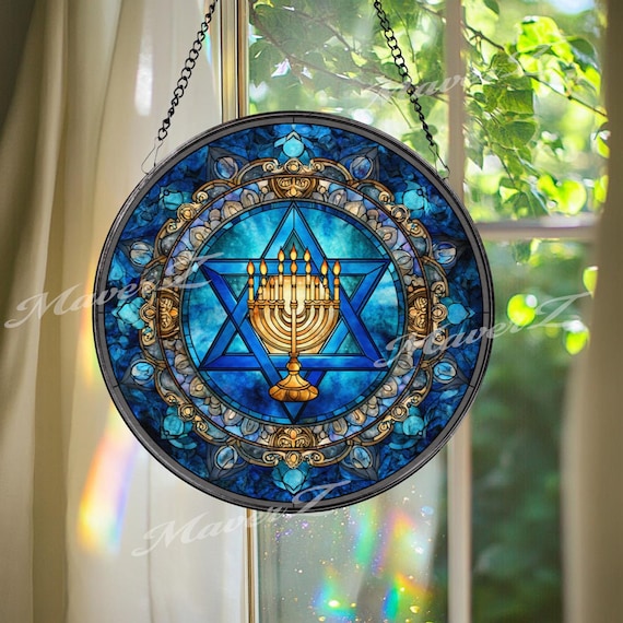 Menorah and Star of David Stained Glass Suncatcher, Round Jewish