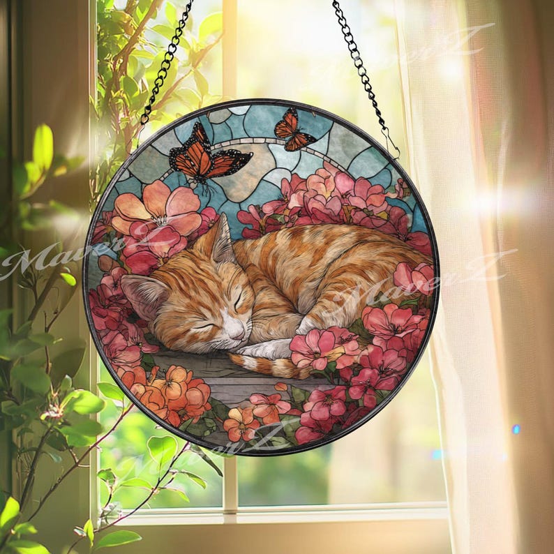 Sleeping Orange Cat Stained Glass Suncatcher, Floral Window Hanging ...